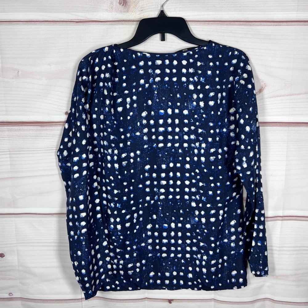 BOSS Hugo Boss Top Womens 2 Blue Inkara Polka Dot 100% Silk Long Sleeve Blouse